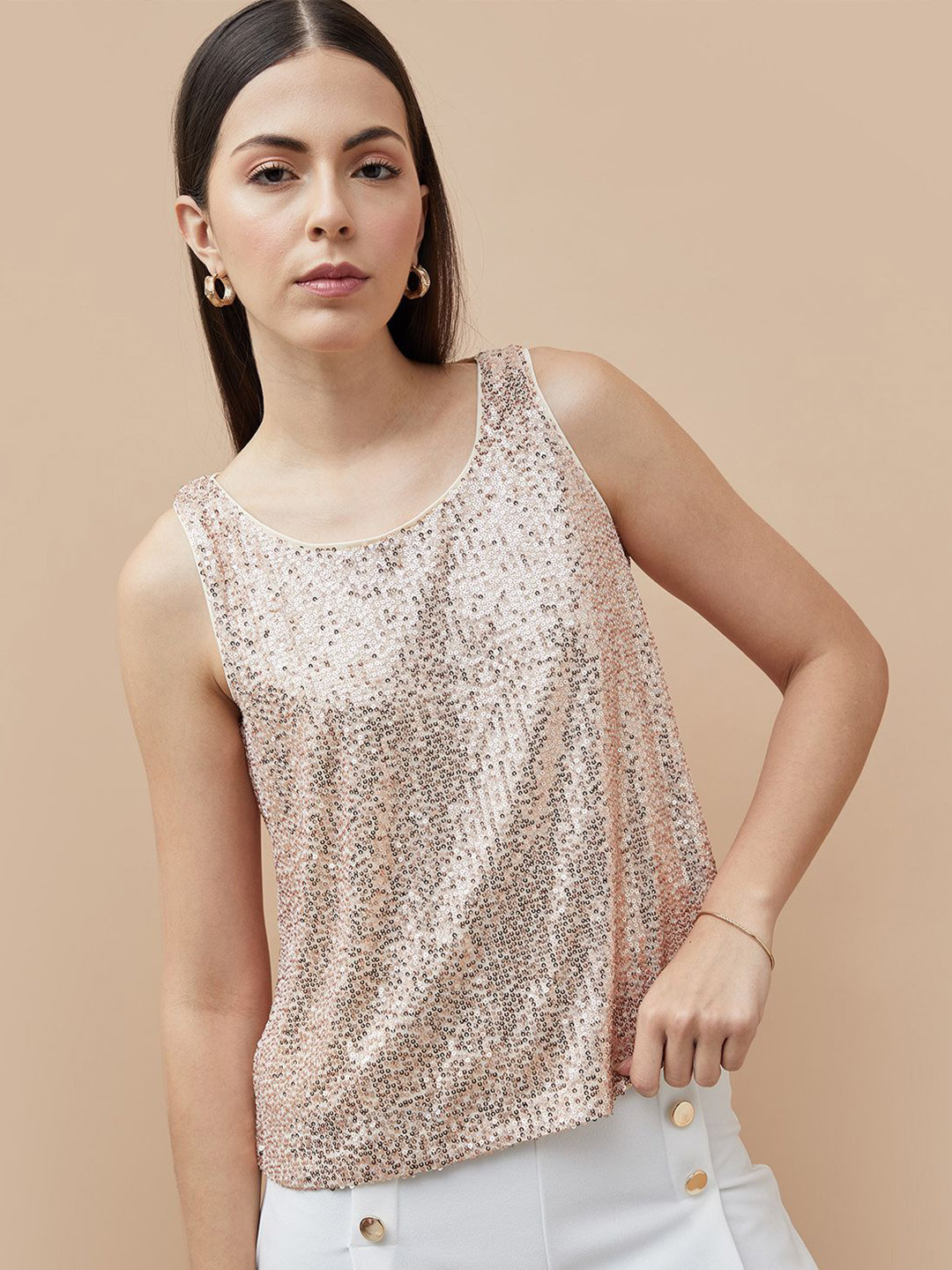 

CODE by Lifestyle Round Neck Sequined Embellished Top, Beige