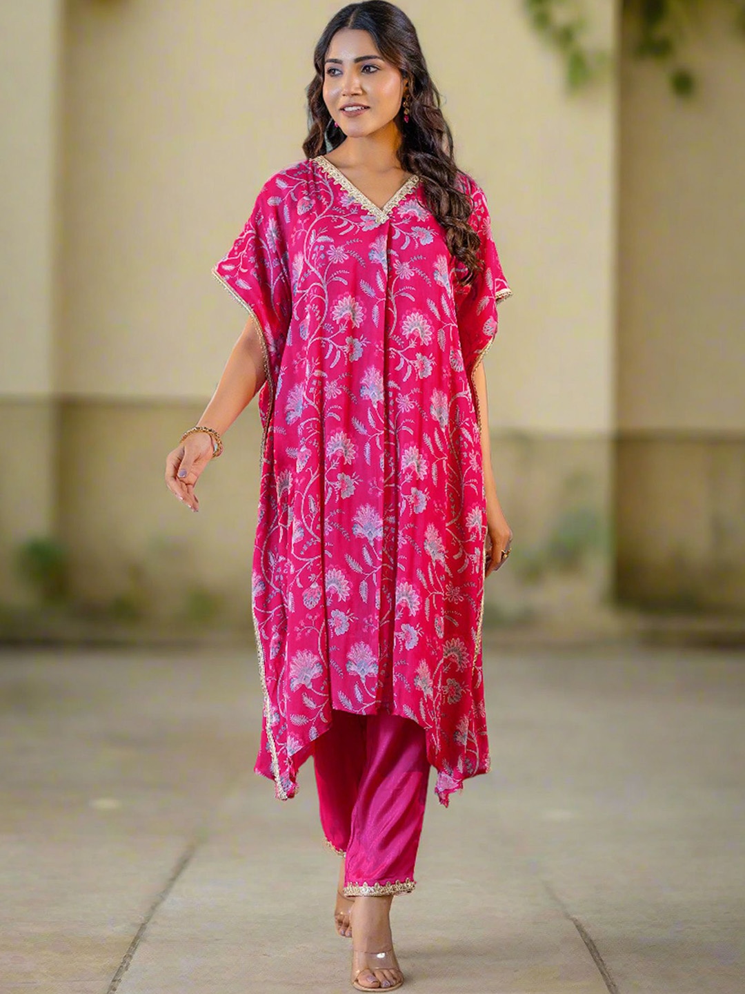 

KASYA Floral Printed V-Neck short Sleeves Top With Trouser, Pink