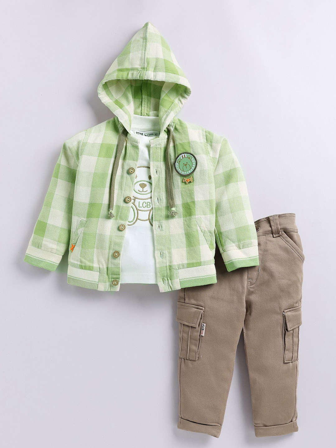 

LITTLE COLLARS Boys Checked Hooded Long Sleeves Shirt with Trouser With T-Shirt, Green