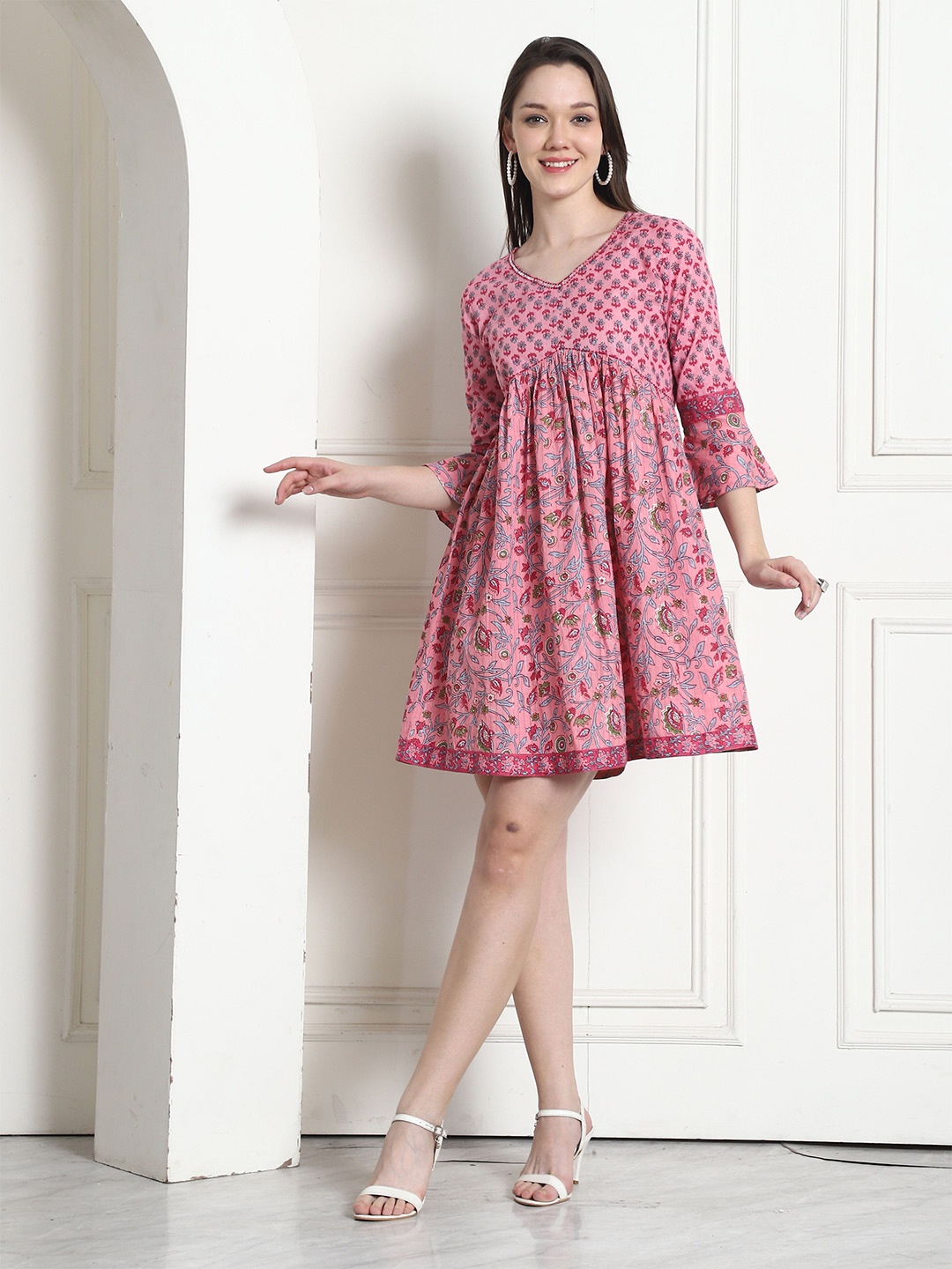 

Roly Poly Women Cotton Floral Printed Empire Casual Mini Dress, Pink