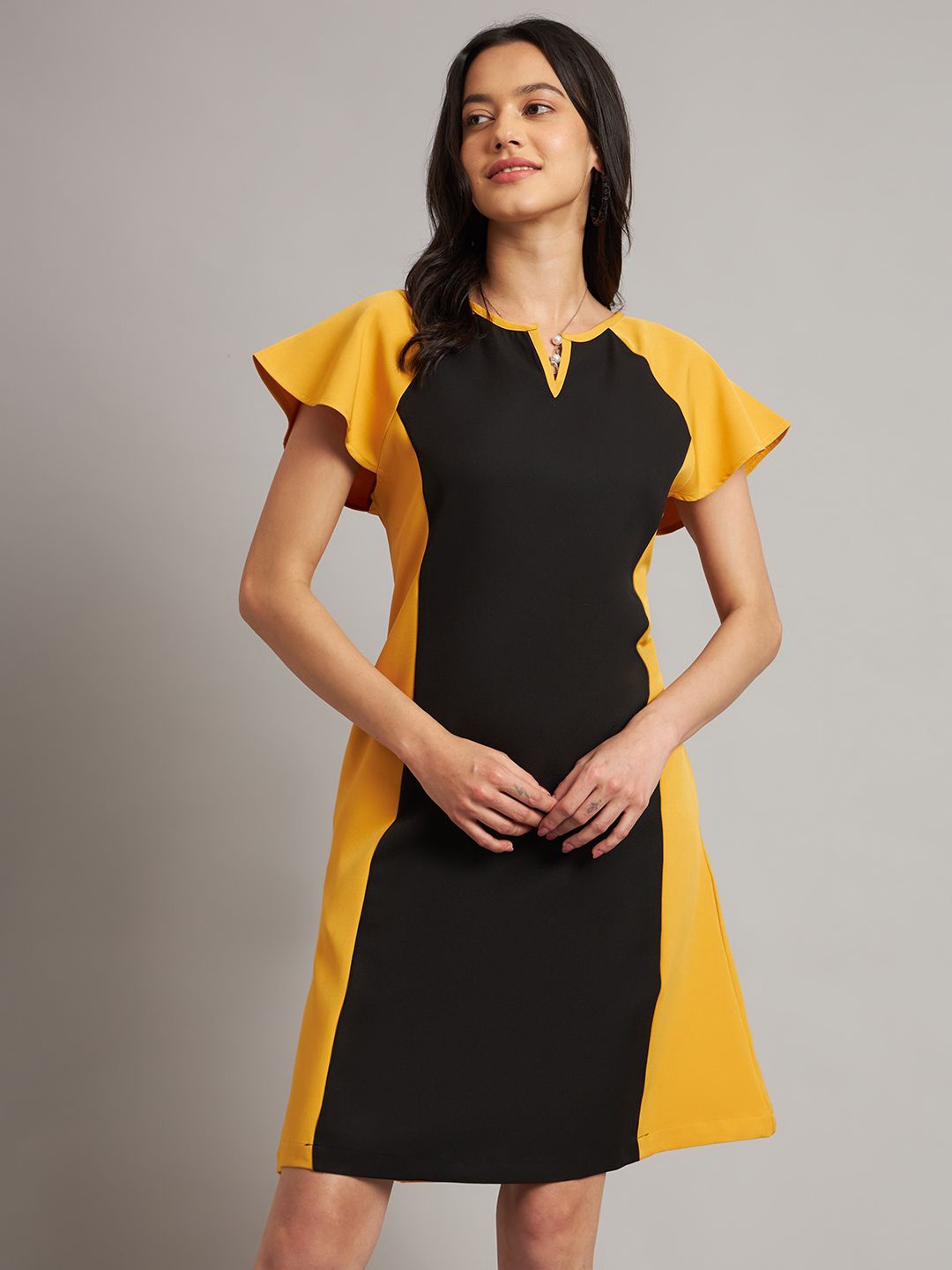 

BRINNS Women Pure Cotton Colourblocked Sheath Dress, Mustard