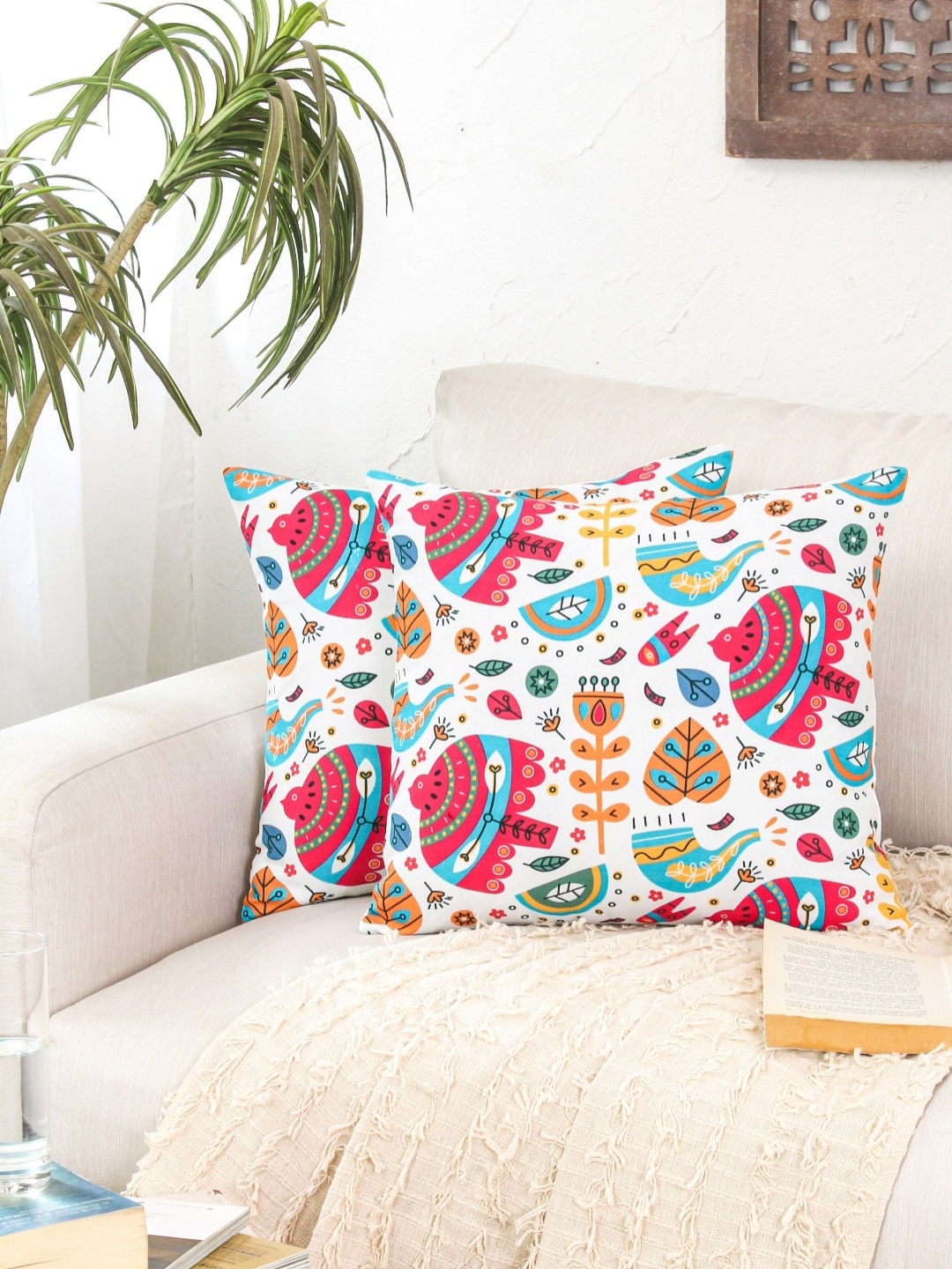 

HOMPRIN White & Red 2 Pieces Blooms Bird Cotton Square Cushion Covers