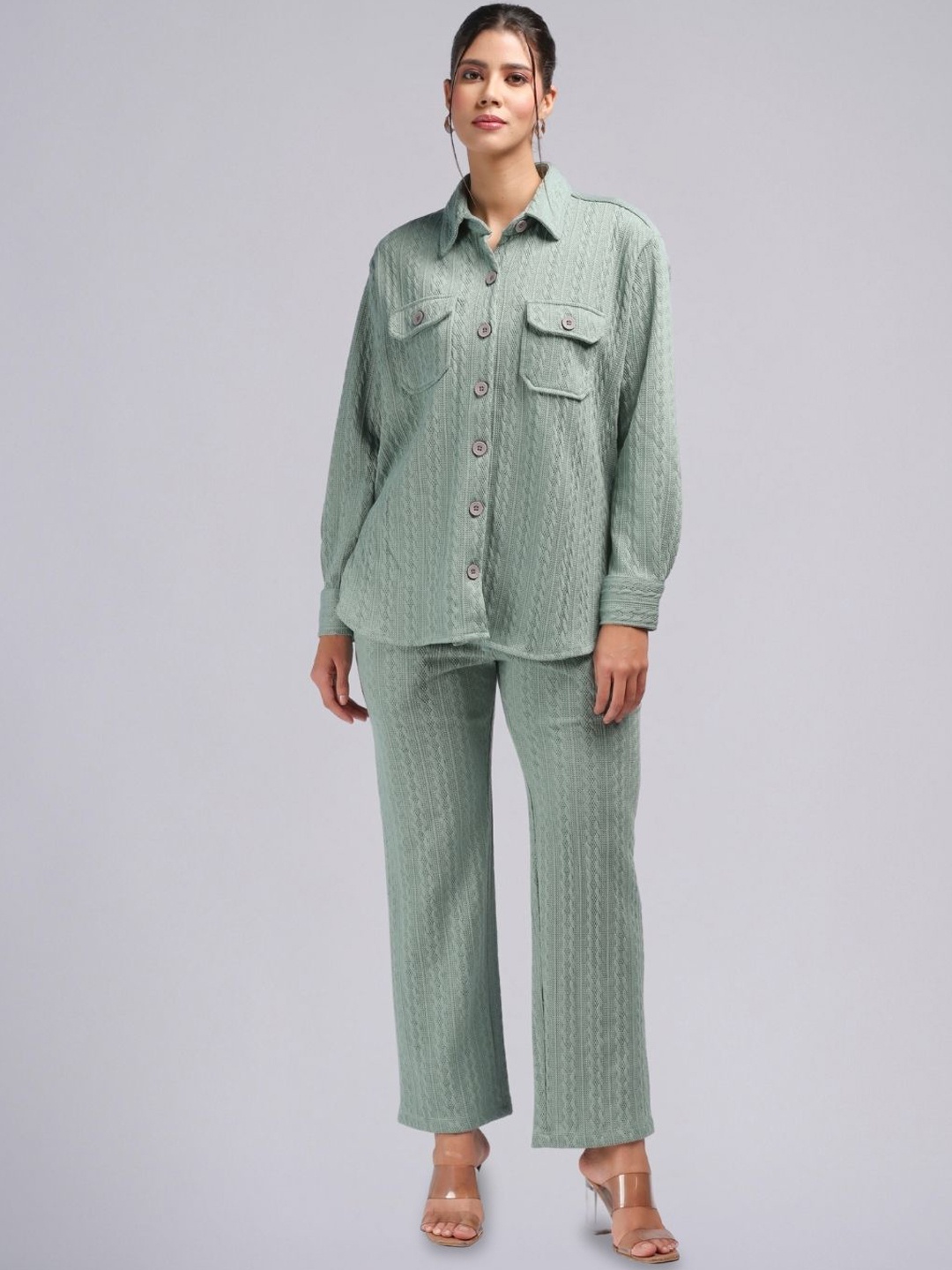 

PUREMIST Self Design Shirt Collar Long Sleeves Shirt With Trouser, Green