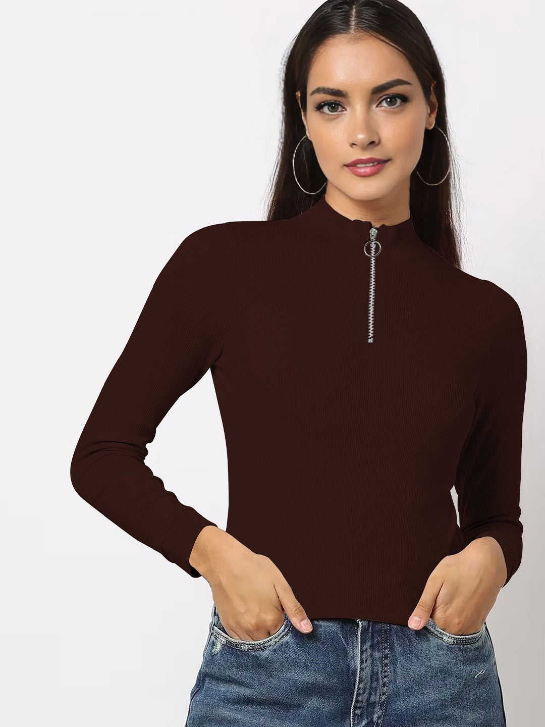 

Dream Beauty Fashion Women Solid High Neck Top, Brown