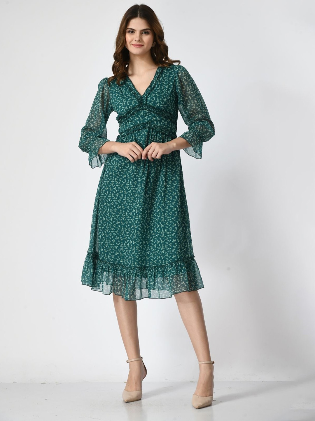 

Fuchsia Printed Bell Sleeve Fit & Flare Dress, Green