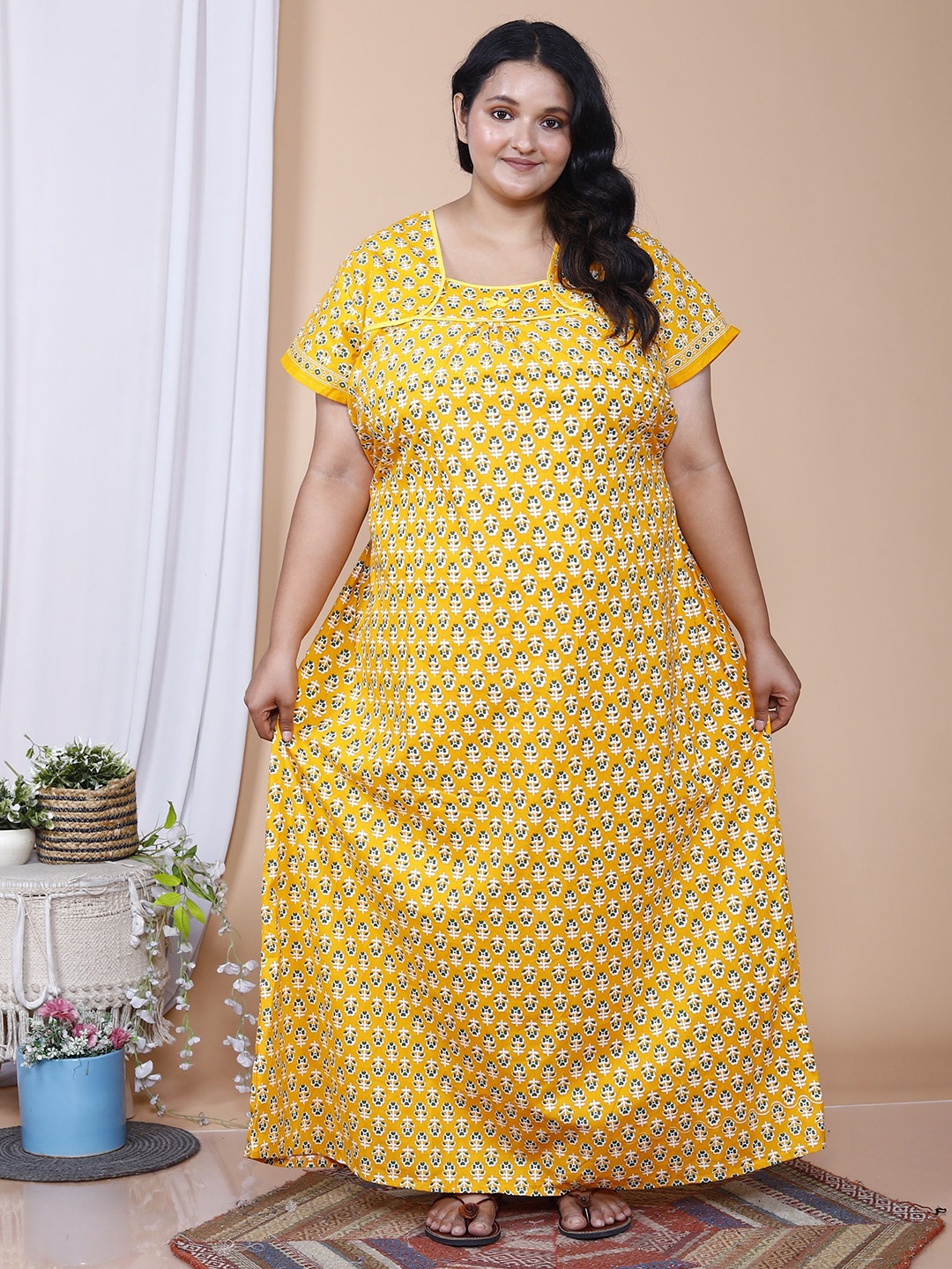 

SP DESIGNS Women Pure Cotton Printed Maxi Nightdress, Yellow