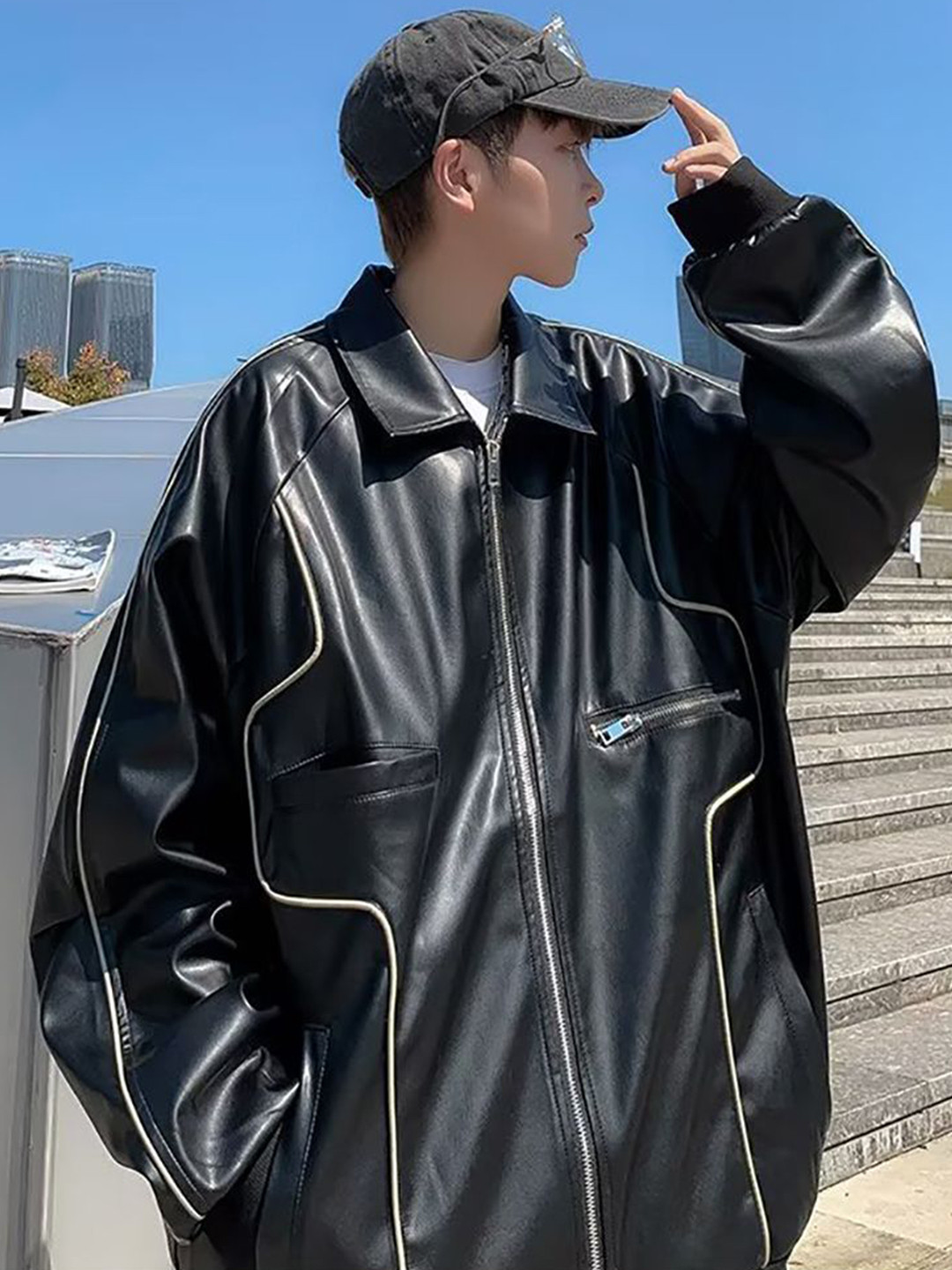 

StyleCast x Revolte Men Spread Collar Solid Casual Leather Jacket, Black