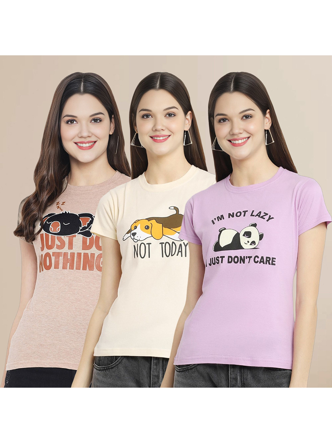

Metronaut Women Pack Of 3 Typography Printed Round Neck Cotton T-shirts, Beige