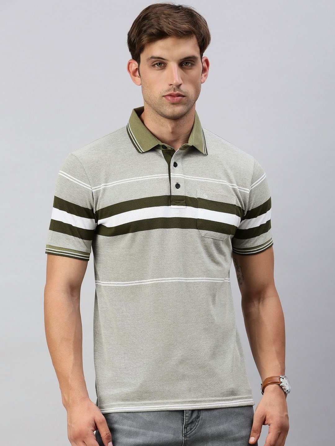 

Classic Polo Men Striped Polo Collar Cotton T-shirt, Olive