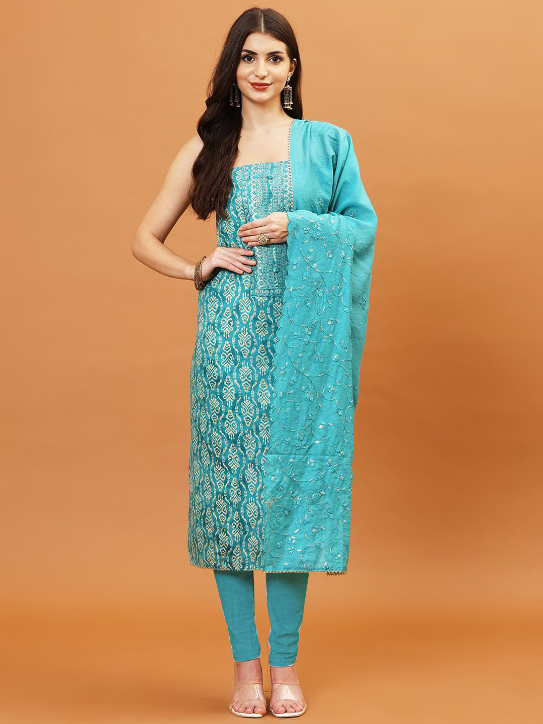 

Meena Bazaar Ethnic Motifs Printed Sequinned Unstitched Dress Material, Blue