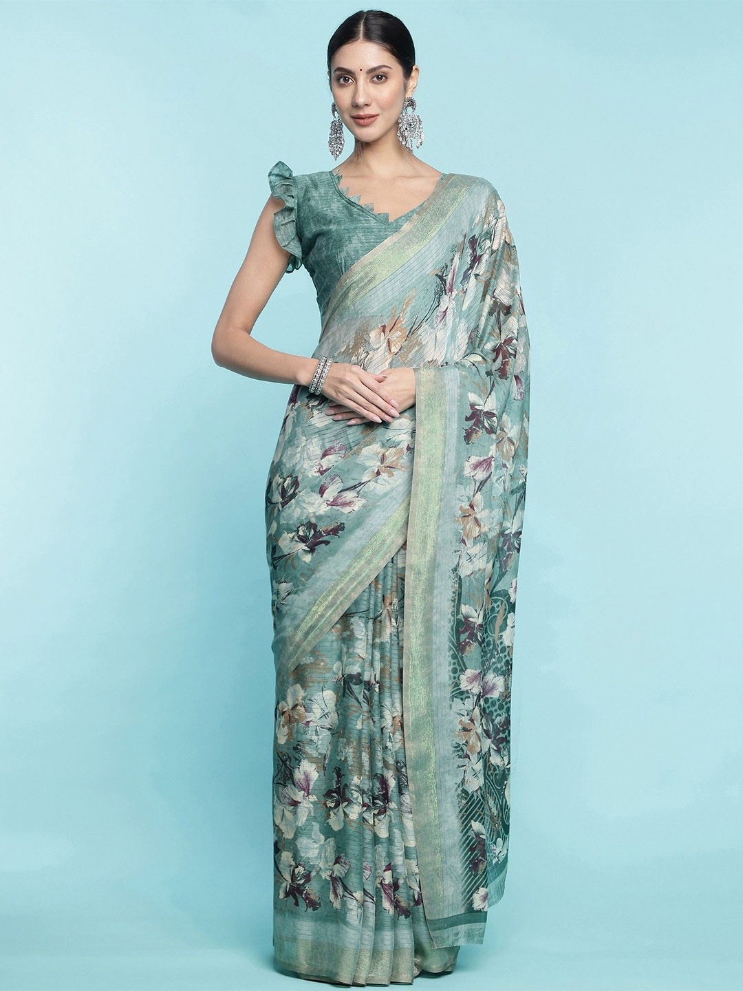 

DIVASTRI Floral Printed Zari Saree, Teal