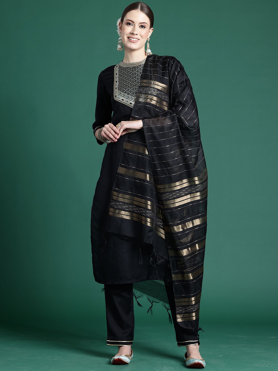 

Indo Era Yoke Design Straight Pure Cotton Zari Kurta with Trousers & Dupatta, Black