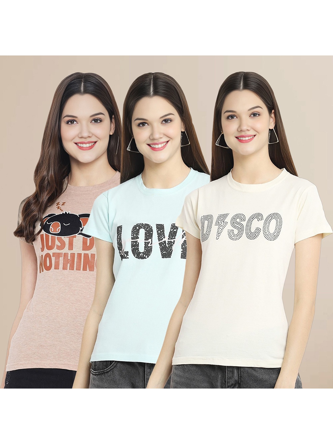 

Metronaut Women Pack Of 3 Typography Printed Round Neck Cotton T-shirts, Beige