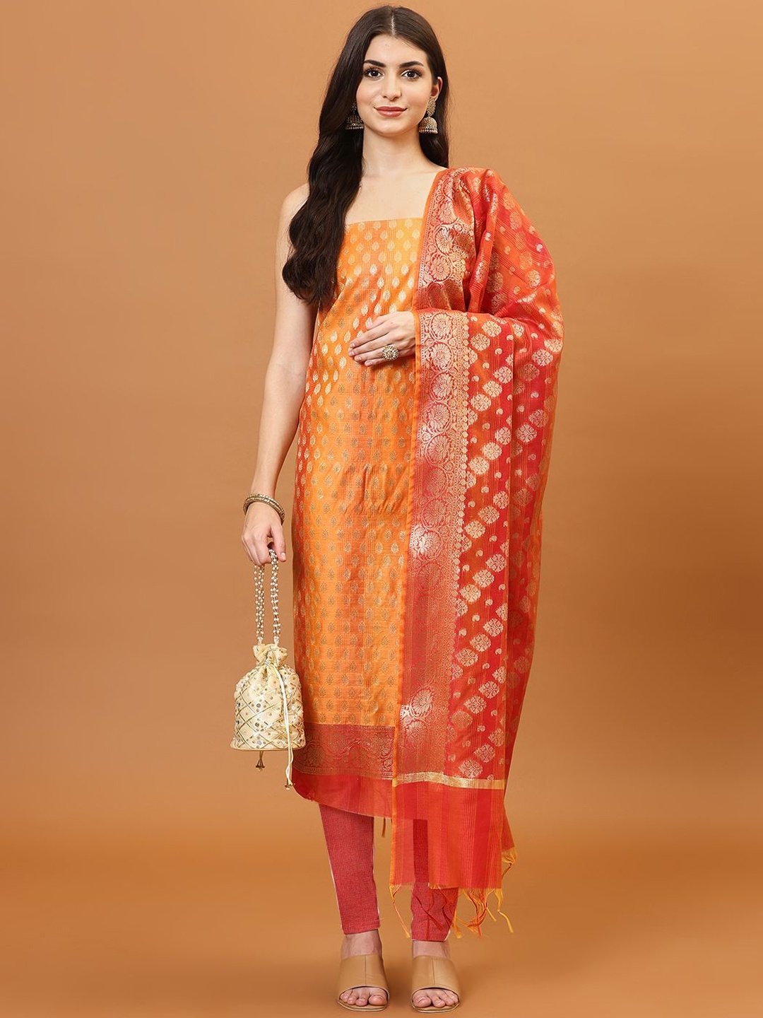 

Meena Bazaar Ethnic Motifs Woven Design Zari Unstitched Dress Material, Mustard