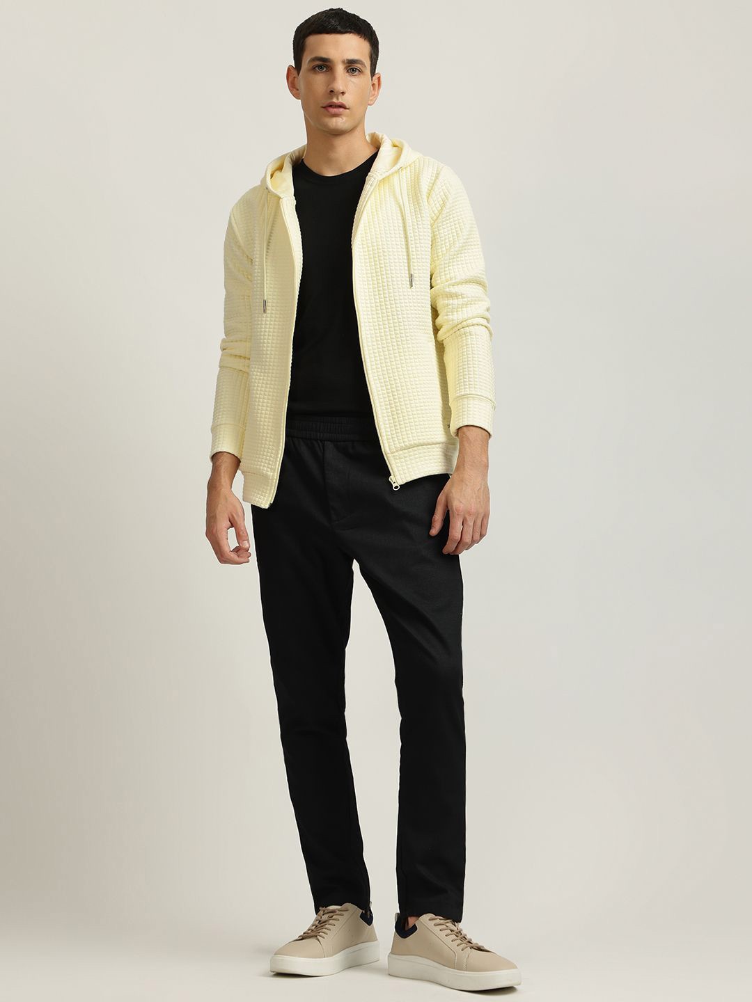 

Iconic Men Cotton Self Design Hooded Sweatshirt, Yellow