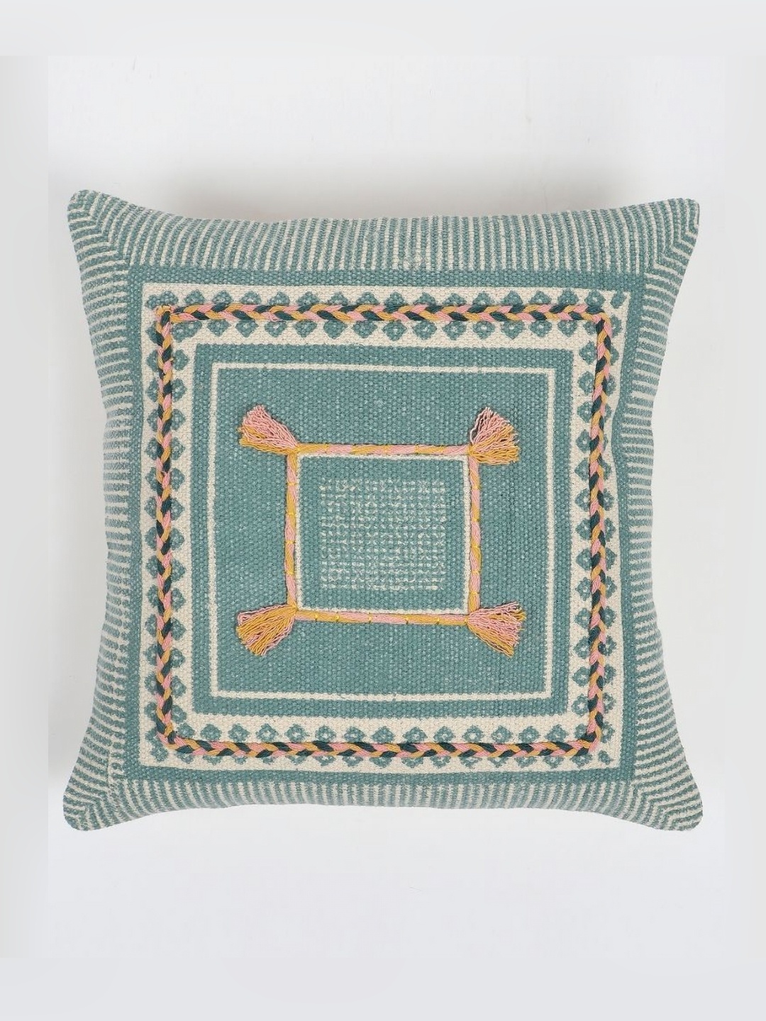 

Art Avenue White & Blue Abstract Embroidered Cotton Square Cushion Cover