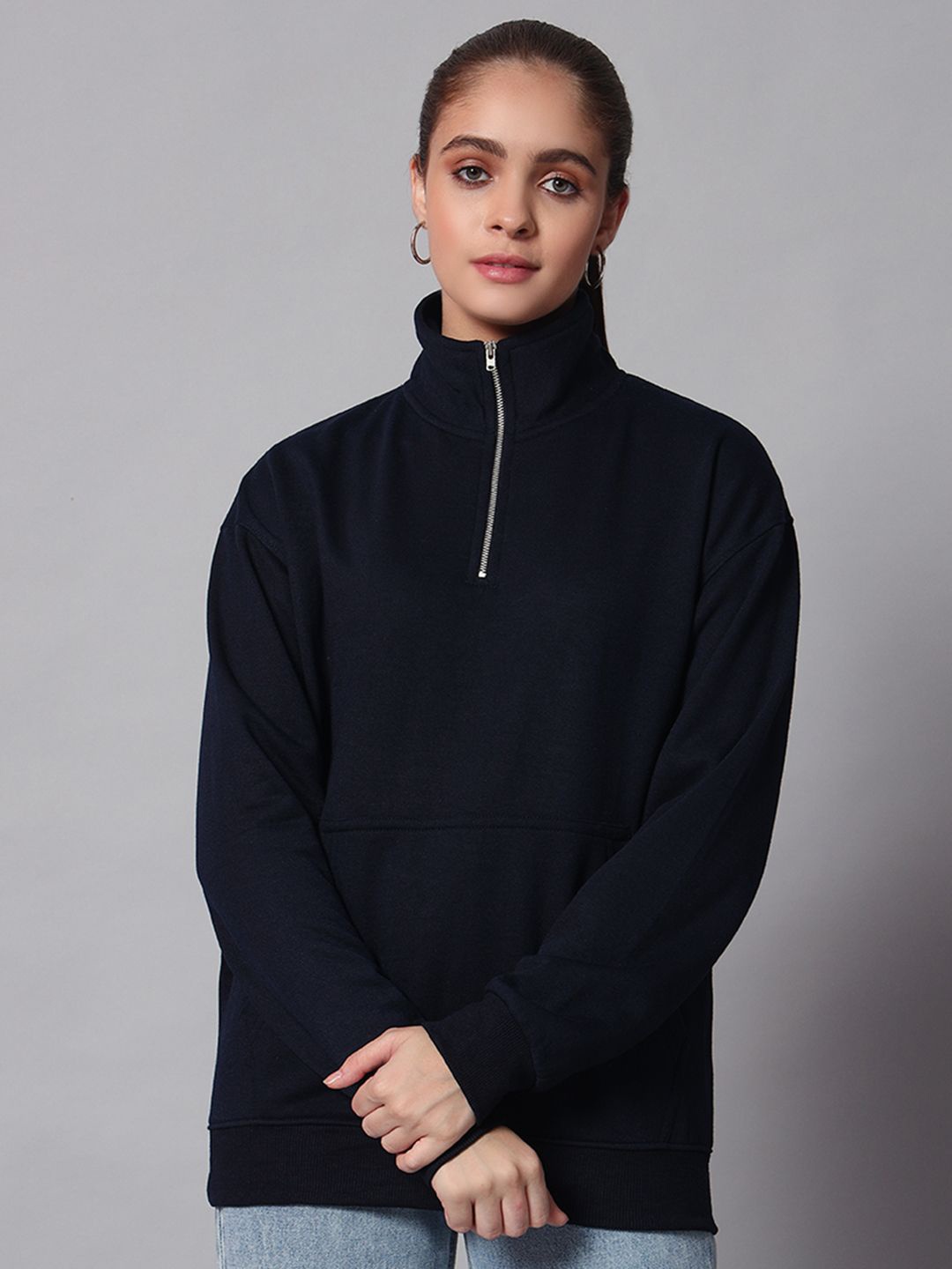 

Obaan Women High Neck Long Sleeves Zipped Pullover Sweatshirt, Navy blue