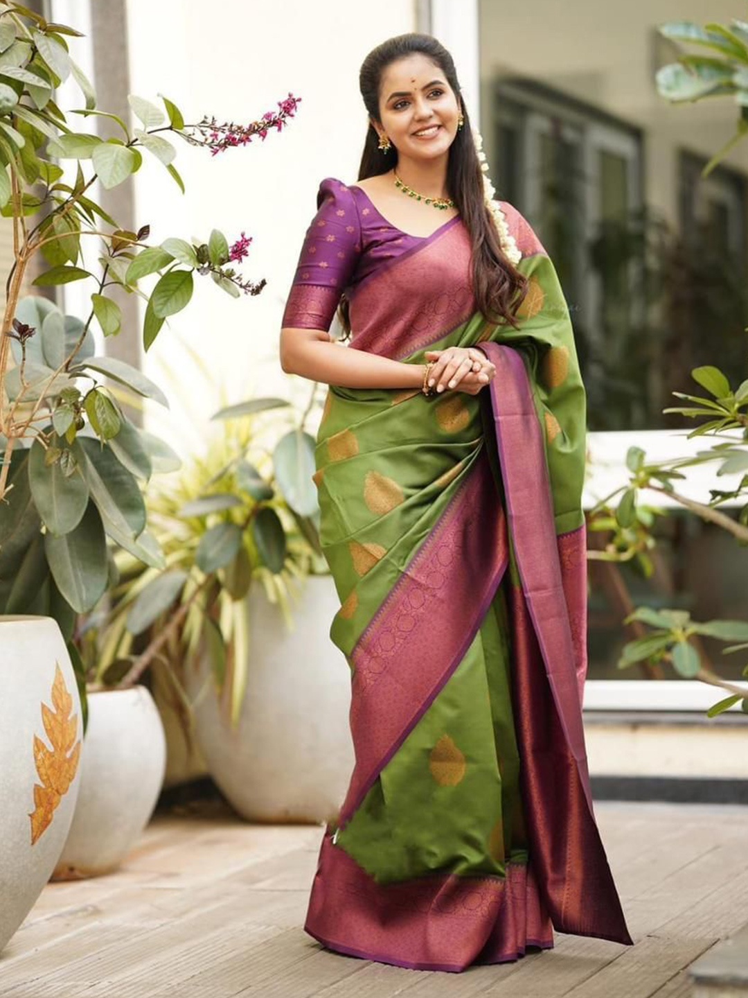 

Visit Wear Ethnic Motifs Woven Design Zari Pure Silk Banarasi Saree, Olive