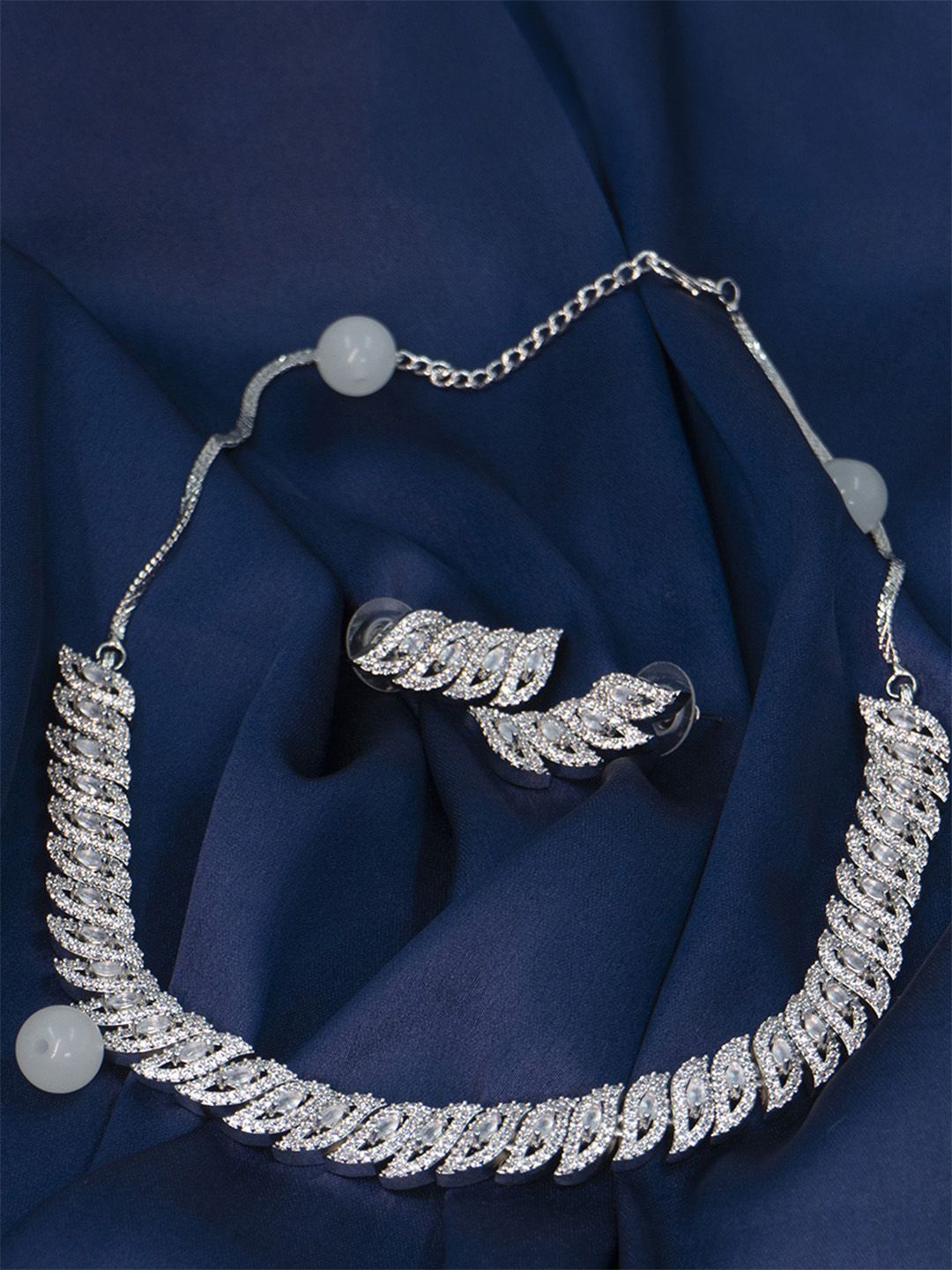 

SHARLEEZ Silver-Plated American Diamond Stone Studded Jewellery Set