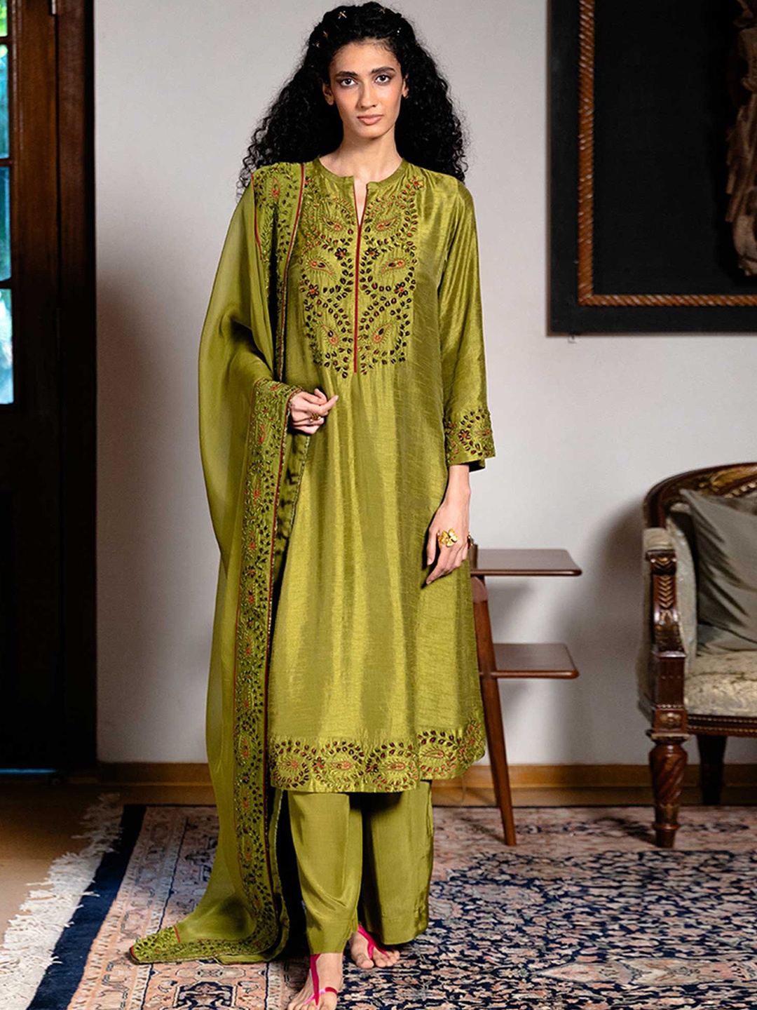 

Ganga Paisley Embroidered Raw Silk Straight Kurta With Palazzo & Dupatta, Green