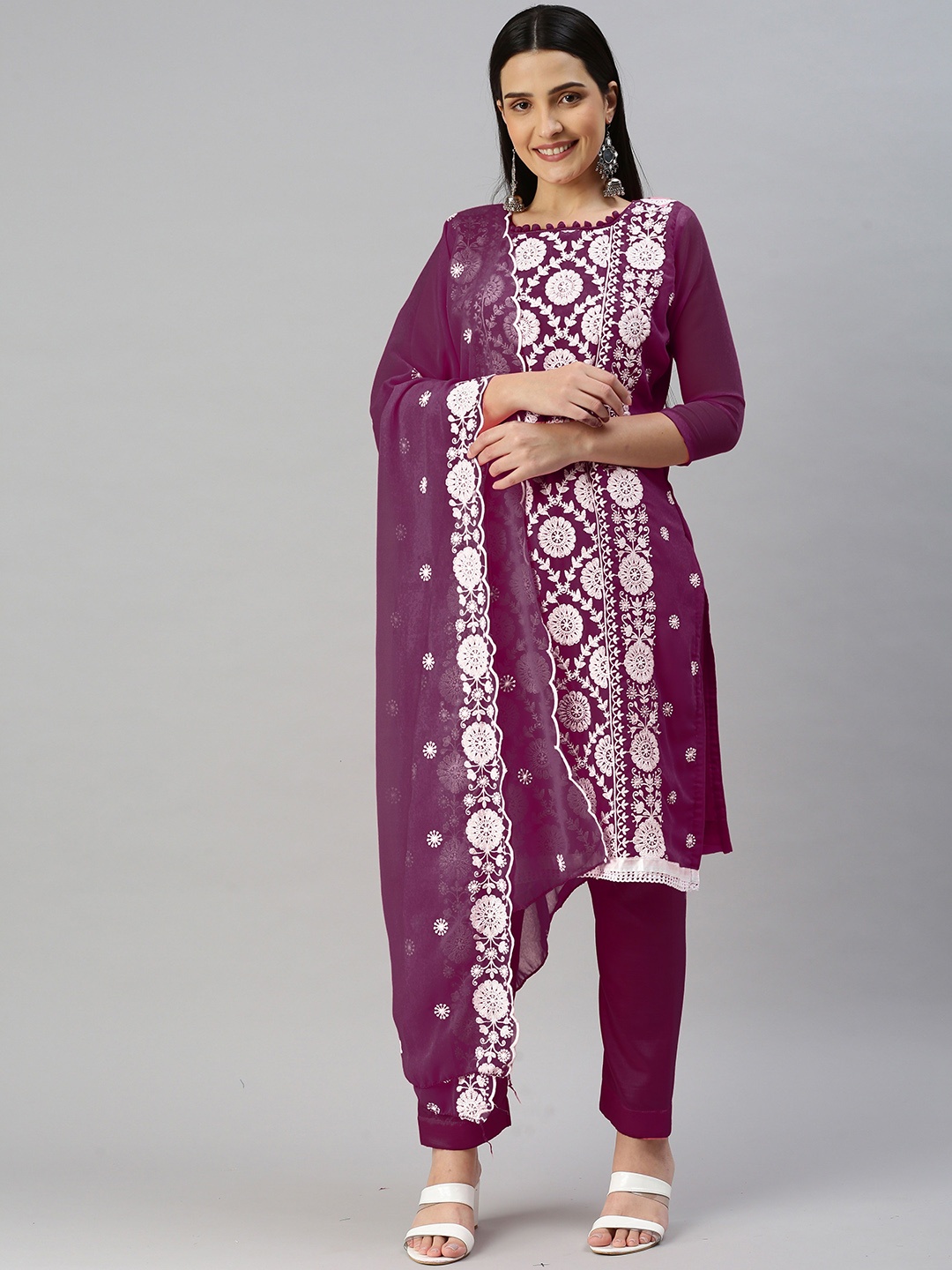 

Maroosh Embroidered Thread Work Unstitched Dress Material, Magenta