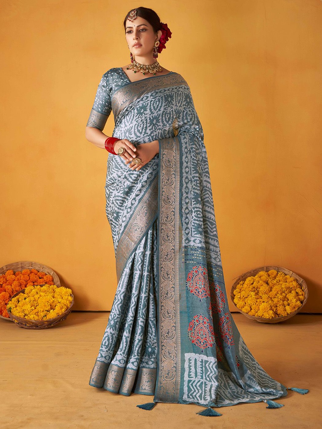 

Meena Bazaar Abstract Printed Woven Design Zari Saree, Blue
