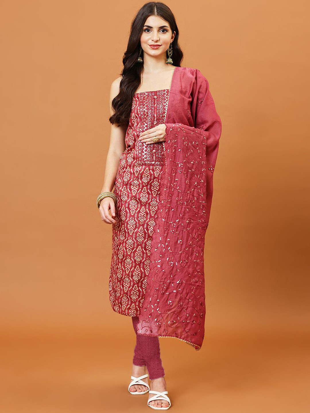 

Meena Bazaar Floral Printed Unstitched Dress Material, Pink
