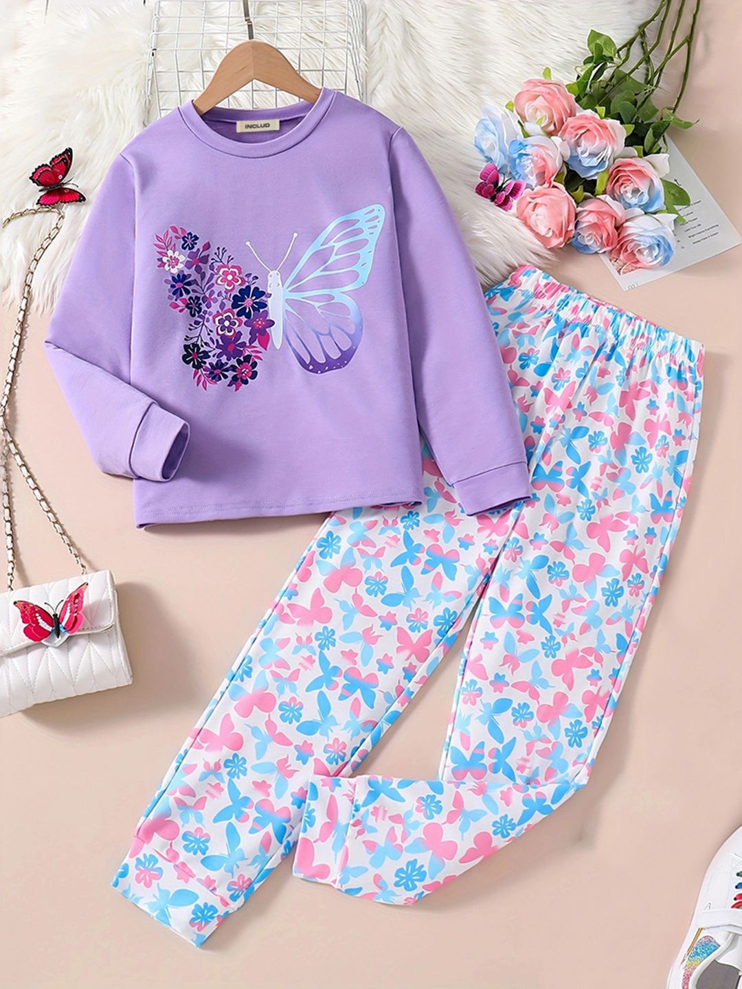 

INCLUD Girls Round Neck Printed Sweatshirt with Trouser, Purple