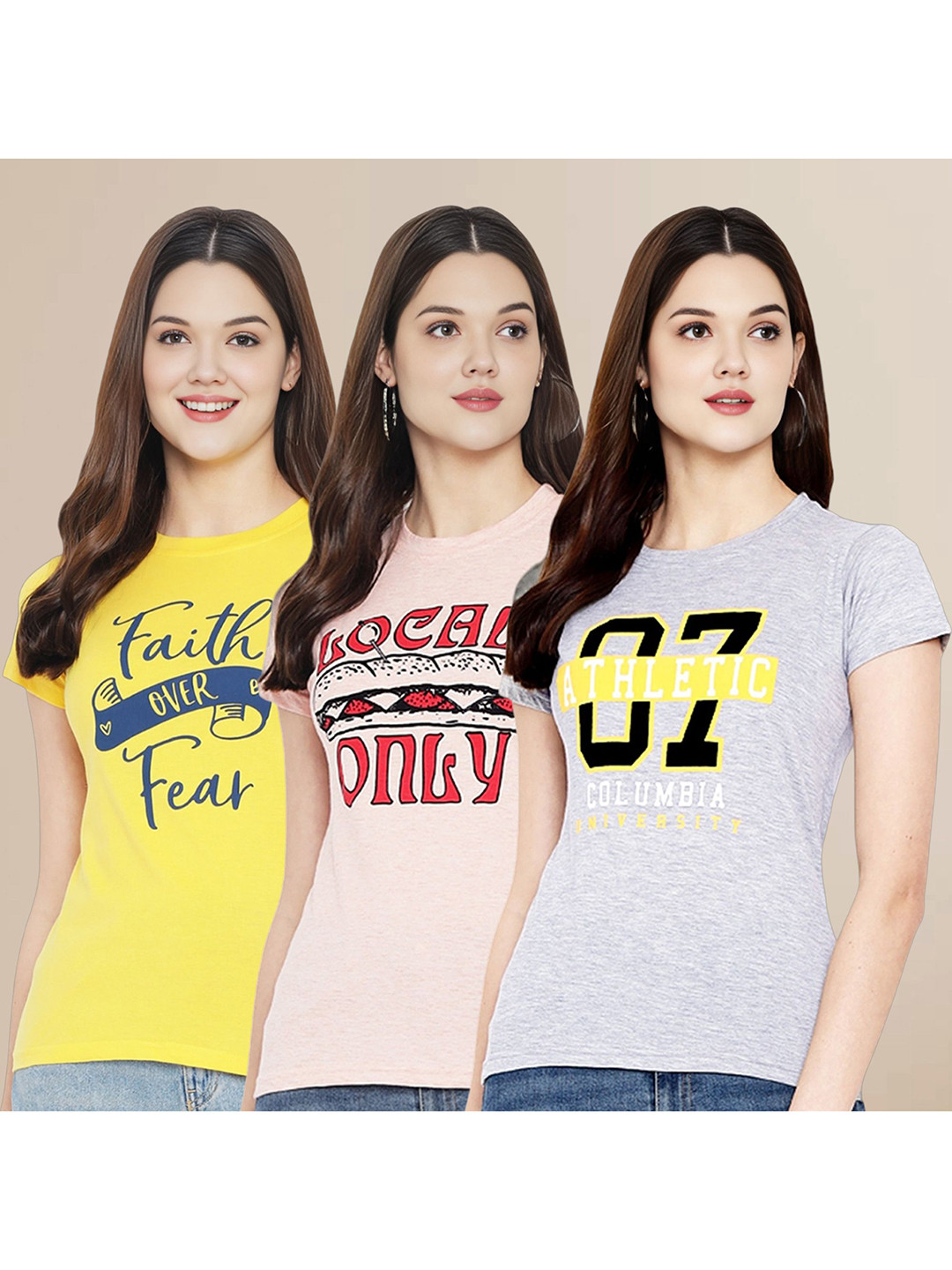 

Metronaut Women Pack Of 3 Typography Printed Round Neck Cotton T-shirts, Yellow