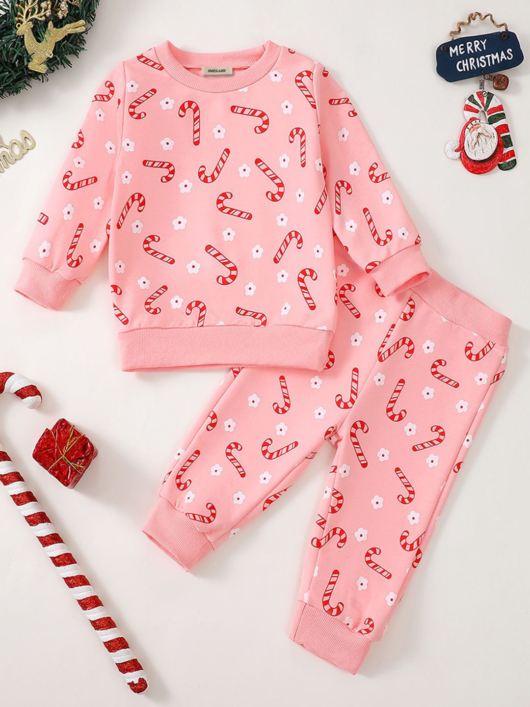 

INCLUD Girls Round Neck Printed Sweatshirt with Joggers, Pink