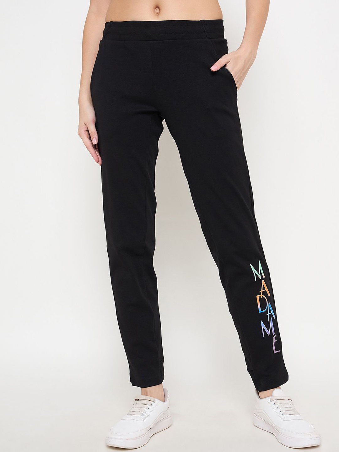

Madame Women Cotton Typography Classic Mid-Rise Regular Fit Track Pants, Black