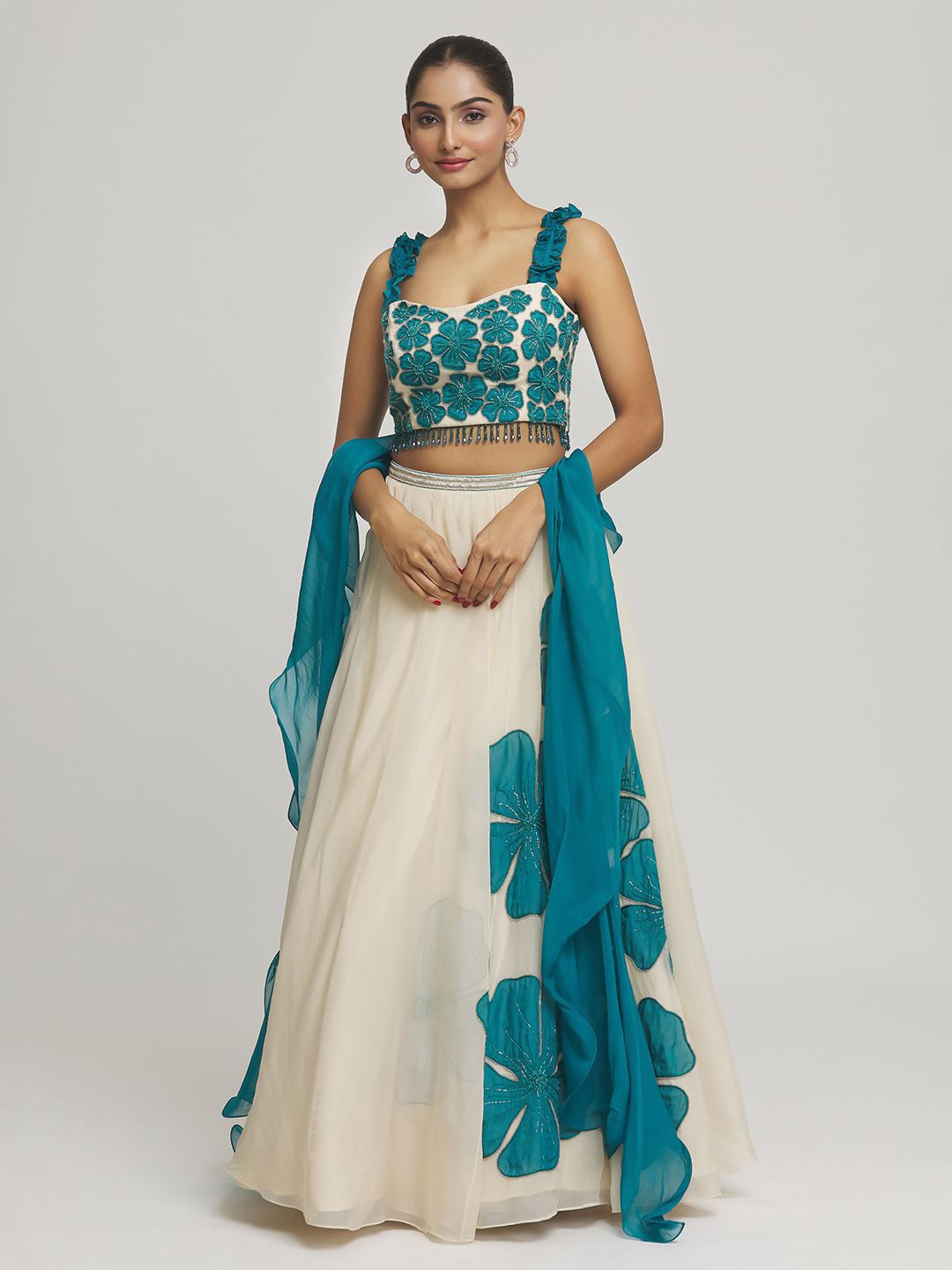 

Samyukta Singhani Floral Applique Embellished Ready to Wear Lehenga & Blouse With Dupatta, Teal