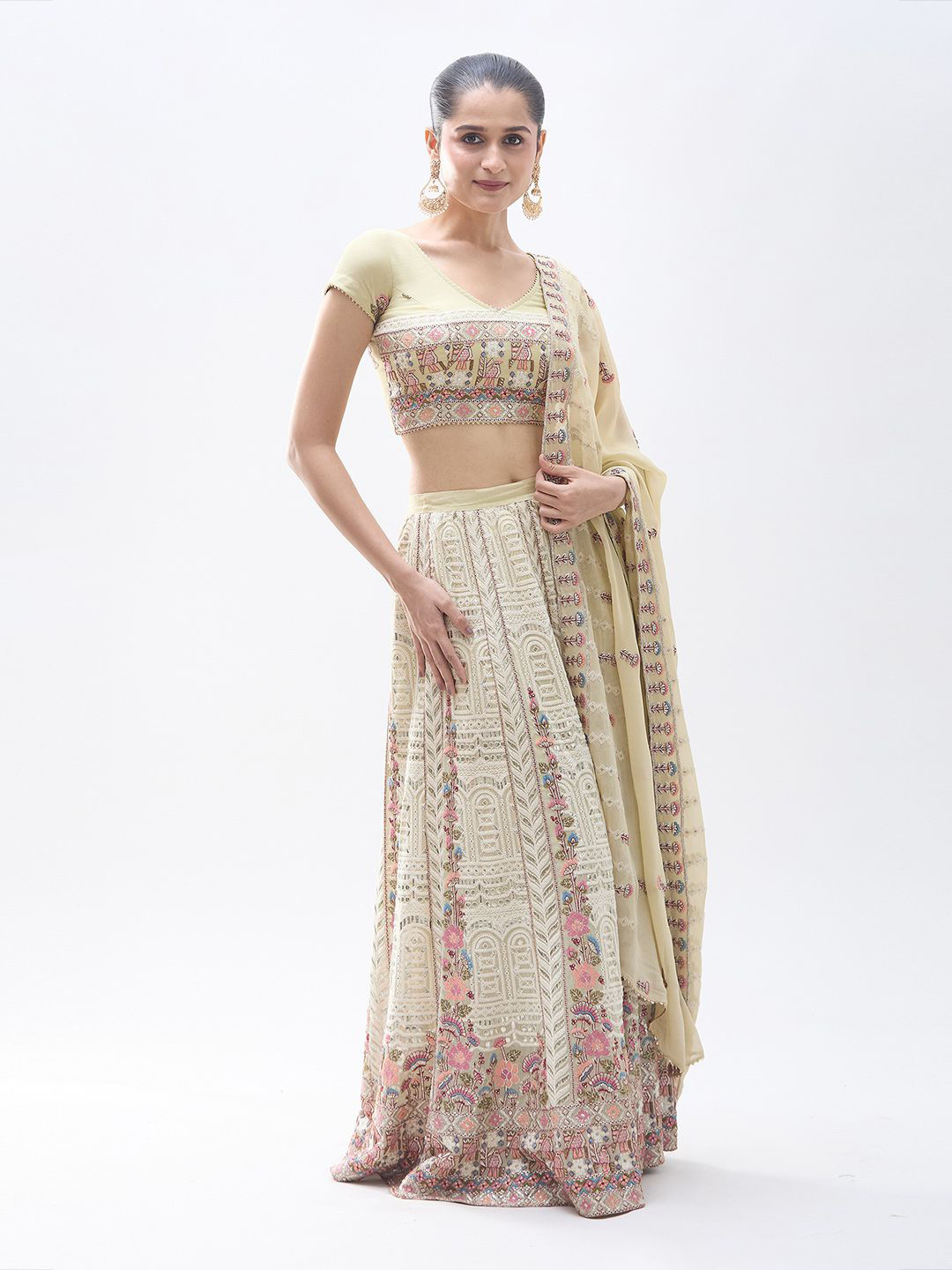 

Samyukta Singhani Embroidered Chikankari Ready to Wear Lehenga & Blouse With Dupatta, Cream