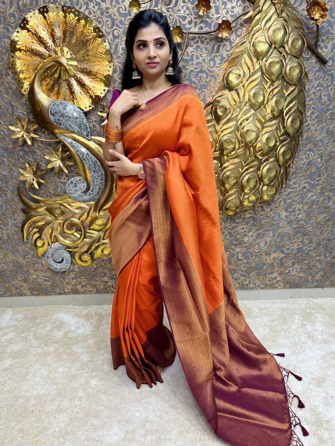 

Visit Wear Woven Design Zari Pure Silk Banarasi Saree, Orange