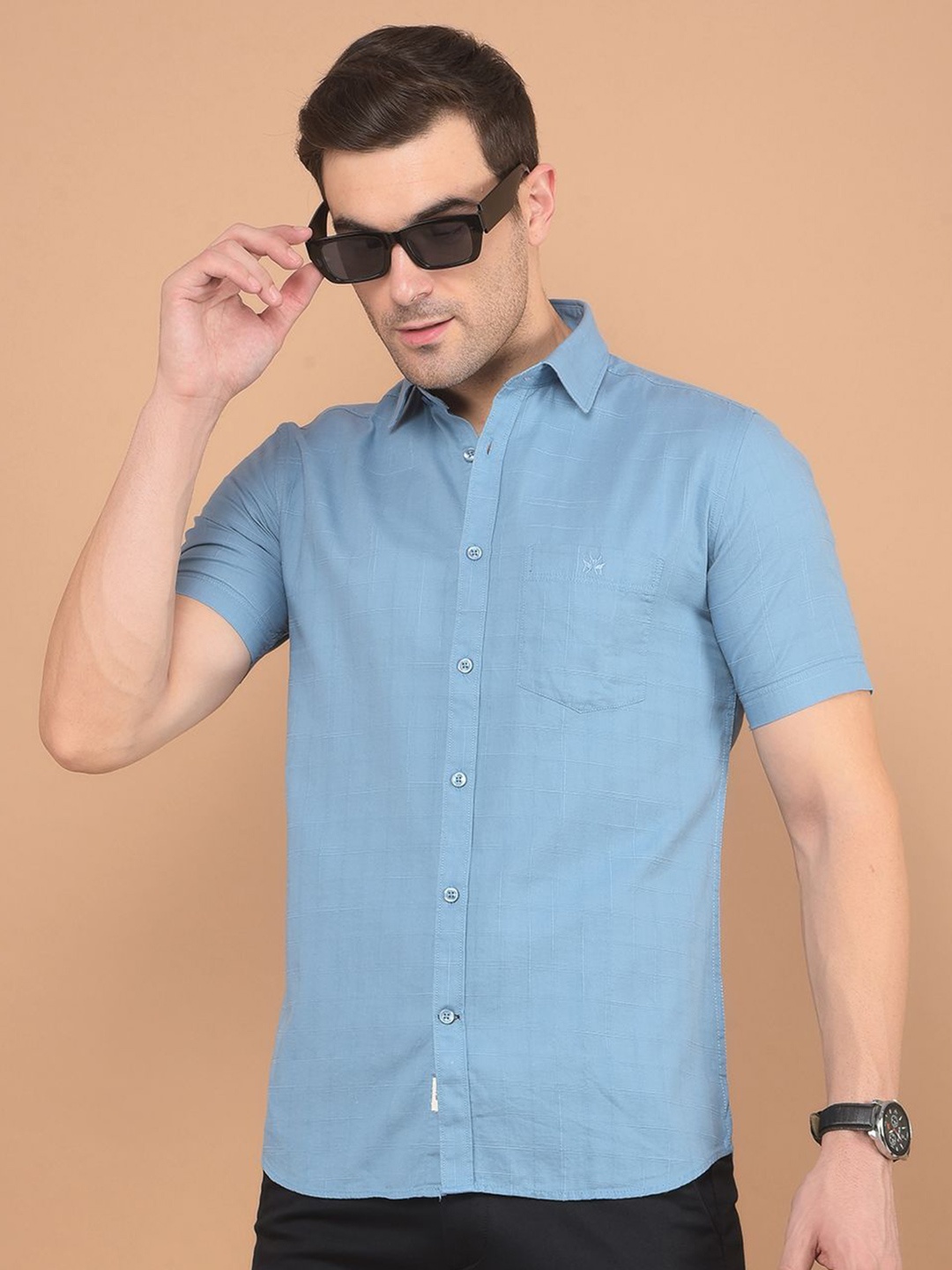 

Crimsoune Club Men Classic Spread Collar Checked Cotton Slim Fit Casual Shirt, Blue