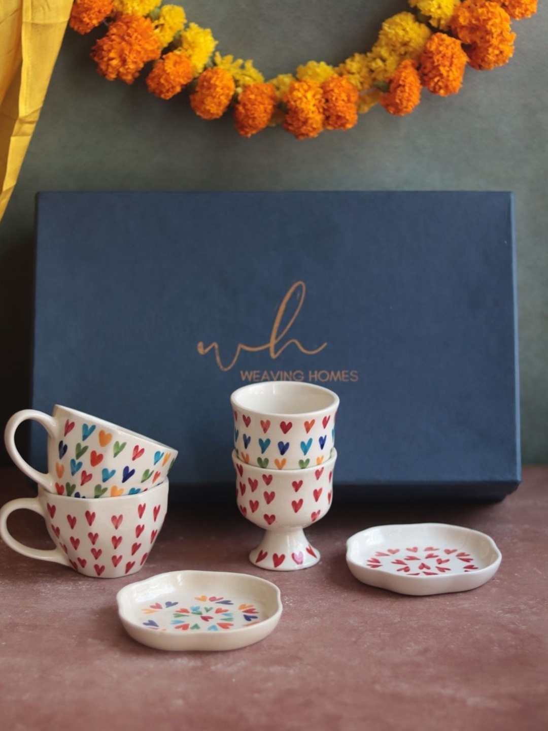 

WEAVING HOMES Red & White 6 Pieces Printed Ceramic Glossy Cup & Saucers
