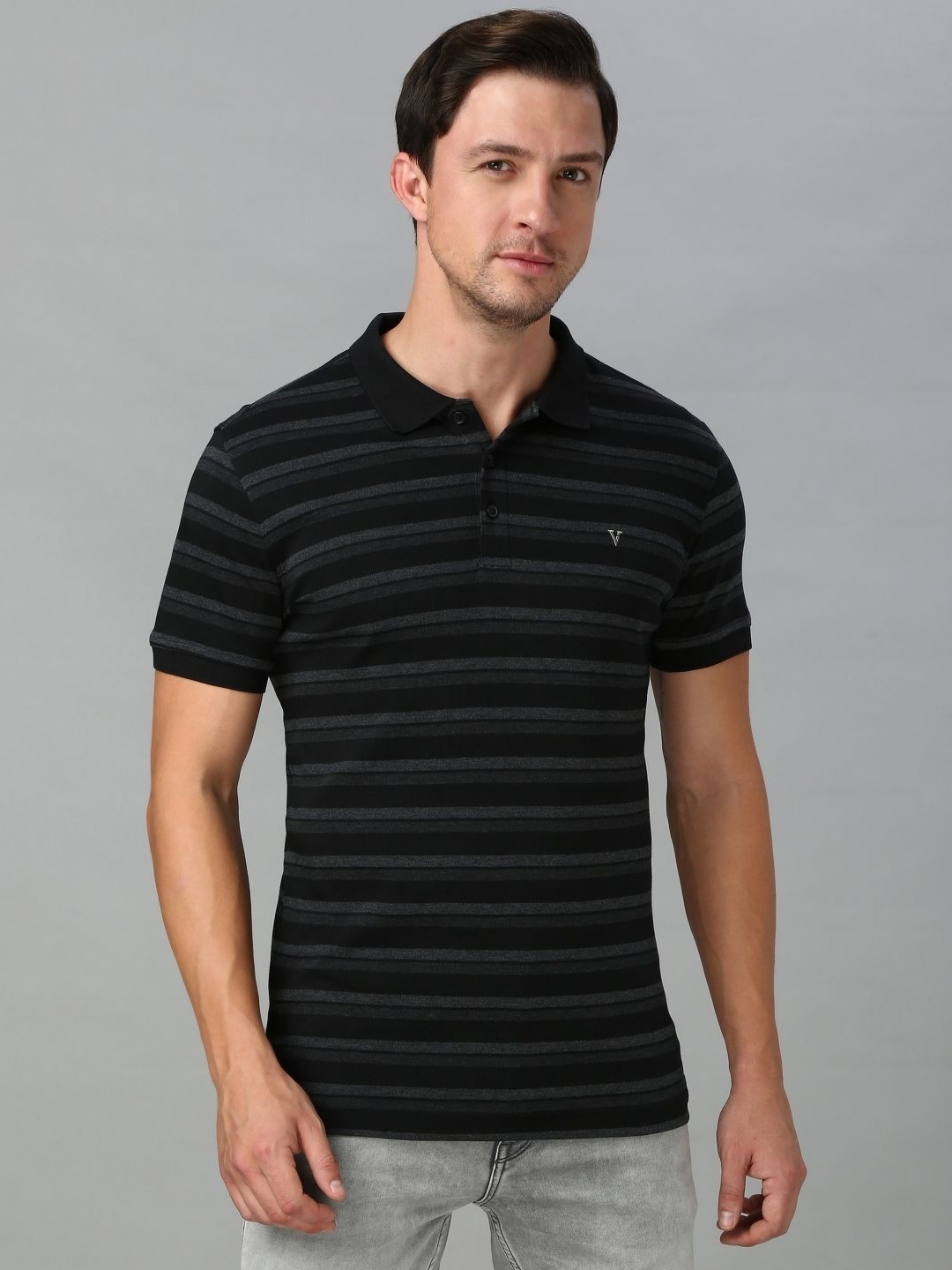 

Van Heusen Men Striped Polo Collar Pure Cotton T-shirt, Black