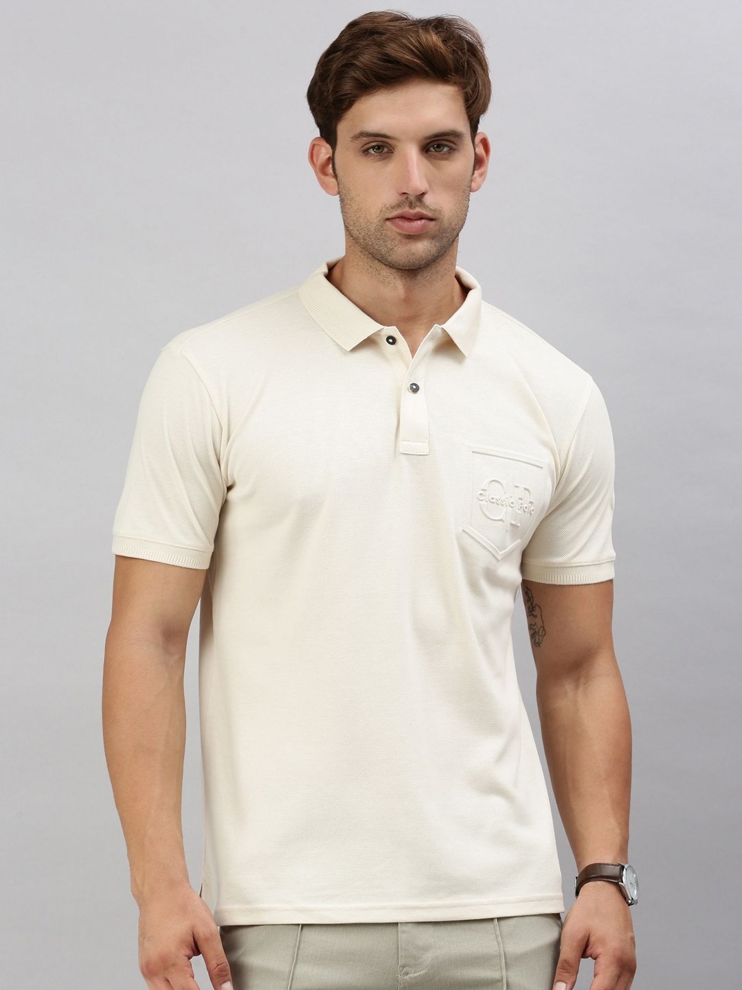 

Classic Polo Men Solid Polo Collar Cotton T-shirt, Cream