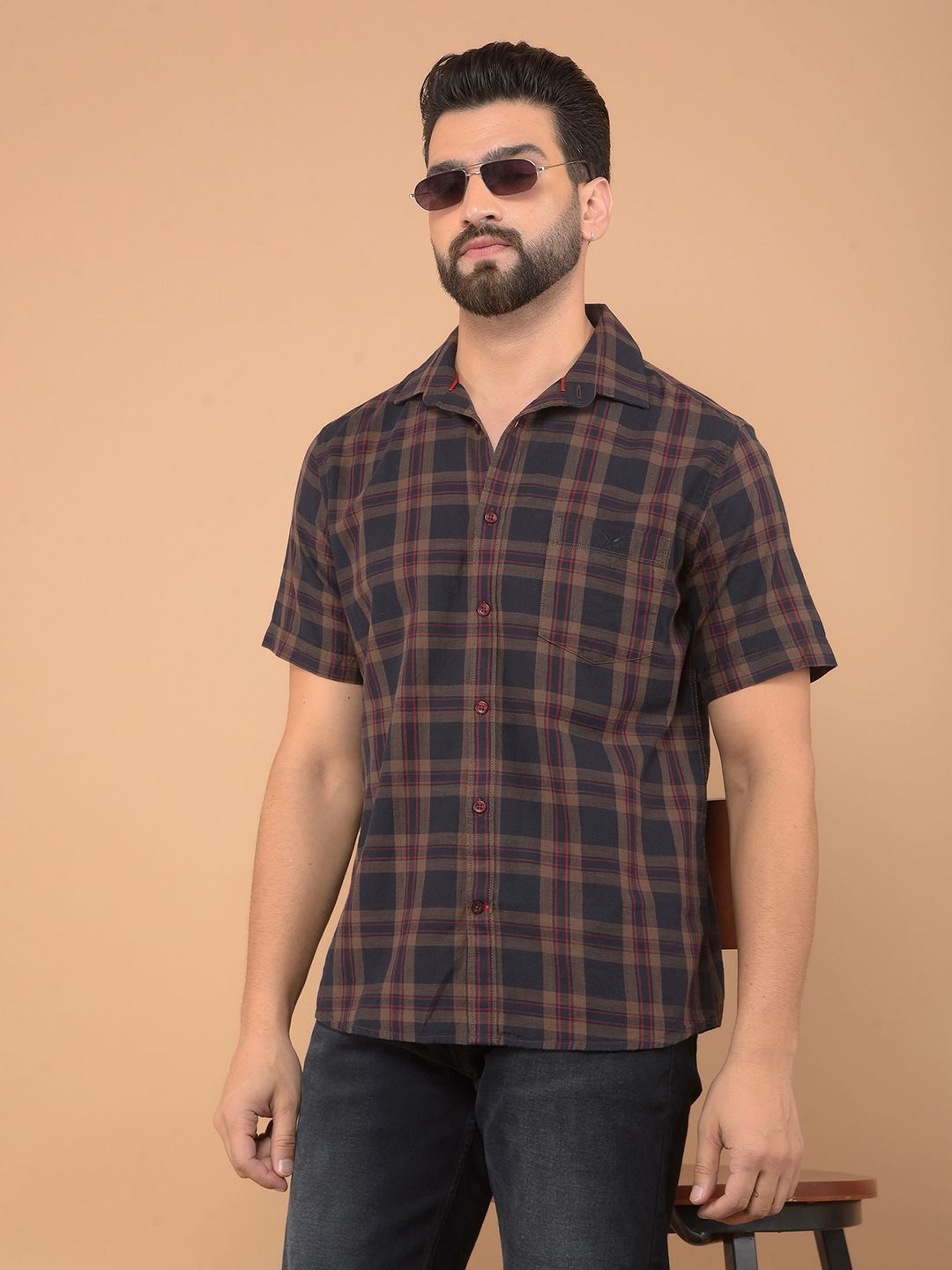 Crimsoune Club Men Classic Spread Collar Tartan Checked Cotton Casual Shirt