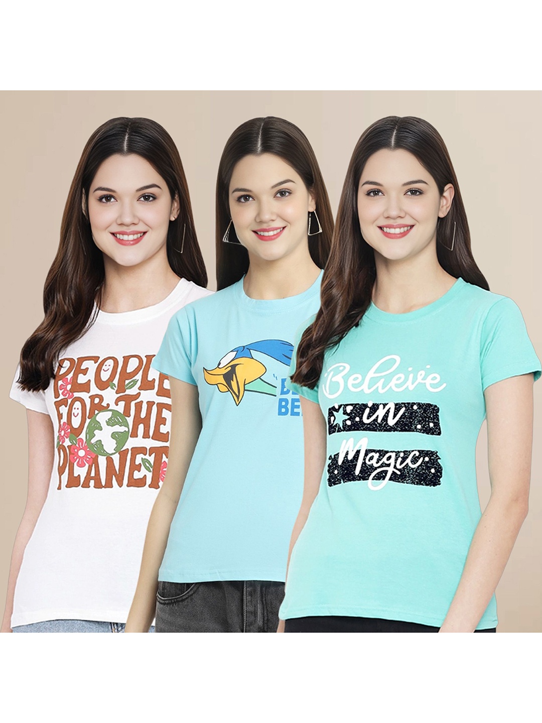 

Metronaut Women Pack Of 3 Typography Printed Round Neck Cotton Looney Tunes T-shirts, White