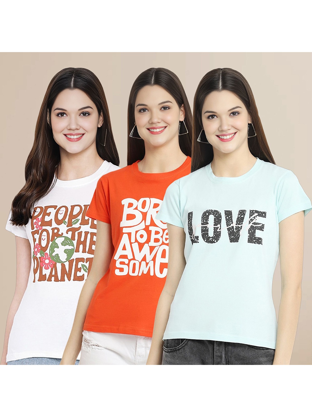 

Metronaut Women Pack Of 3 Typography Printed Round Neck Cotton T-shirts, White