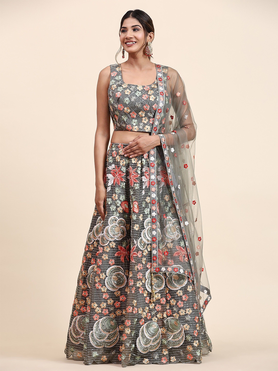 

VANAKARA Embroidered Sequinned & Thread Work Ready to Wear Lehenga & Blouse With Dupatta, Olive