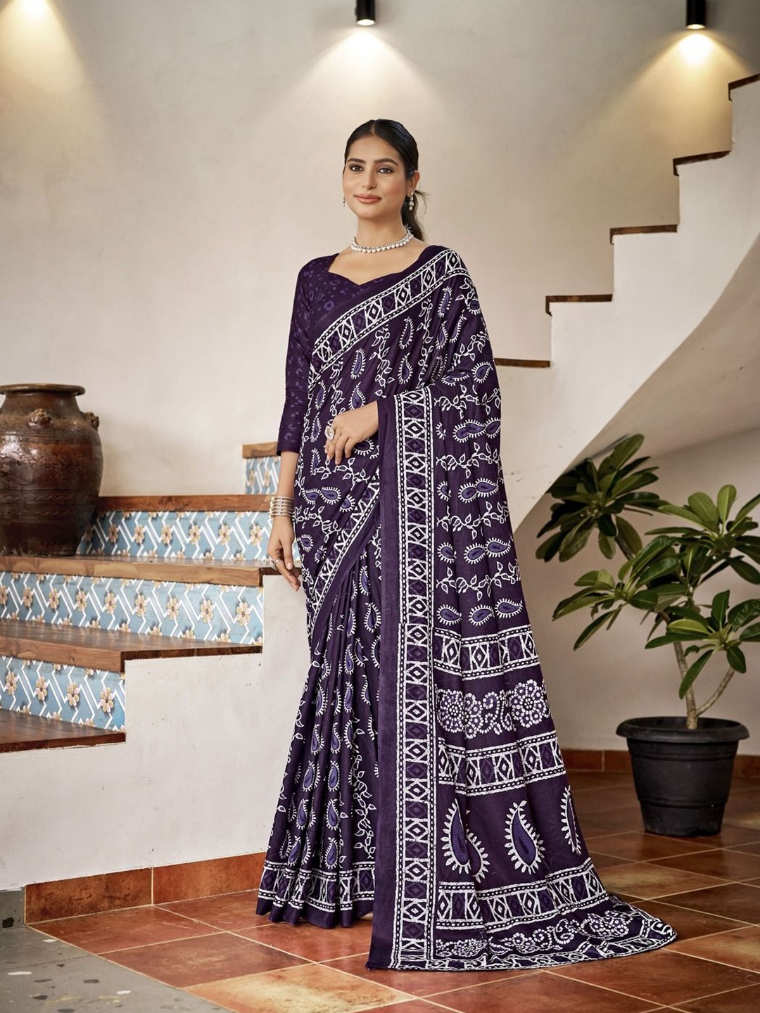 

Anouk Ethnic Motifs Pure Cotton Bagru Saree, Purple