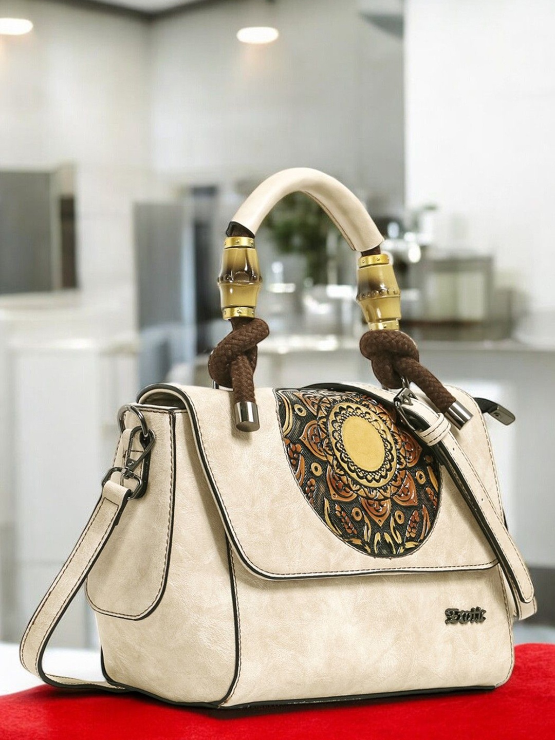 

Exotic Women Embellished Structured Leather Satchel Bag, Beige