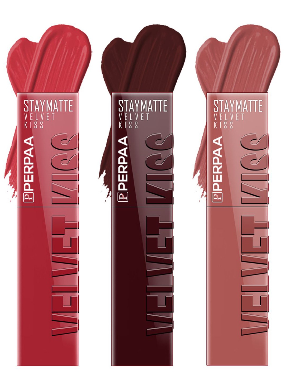 

PERPAA Velvet Kiss Set of 3 Waterproof Matte Liquid Lipstick -3.5 ml Each -Shades 01-02-05, Red