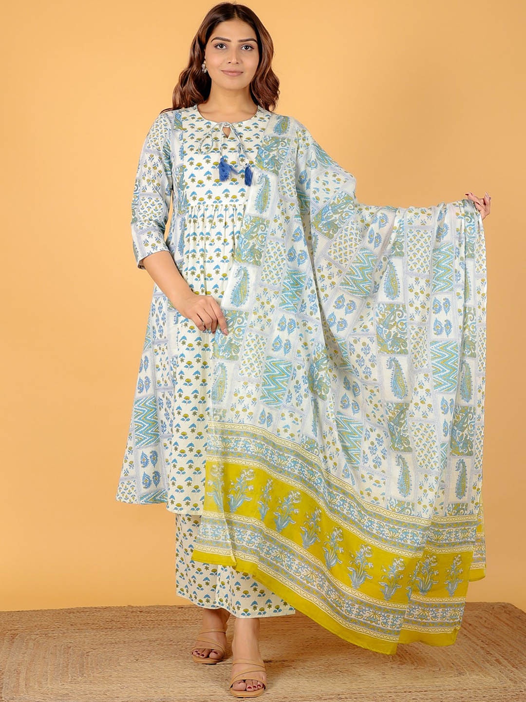 

Aramya Floral Printed Panelled Pure Cotton Anarkali Kurta With Palazzo With Dupatta, Off white