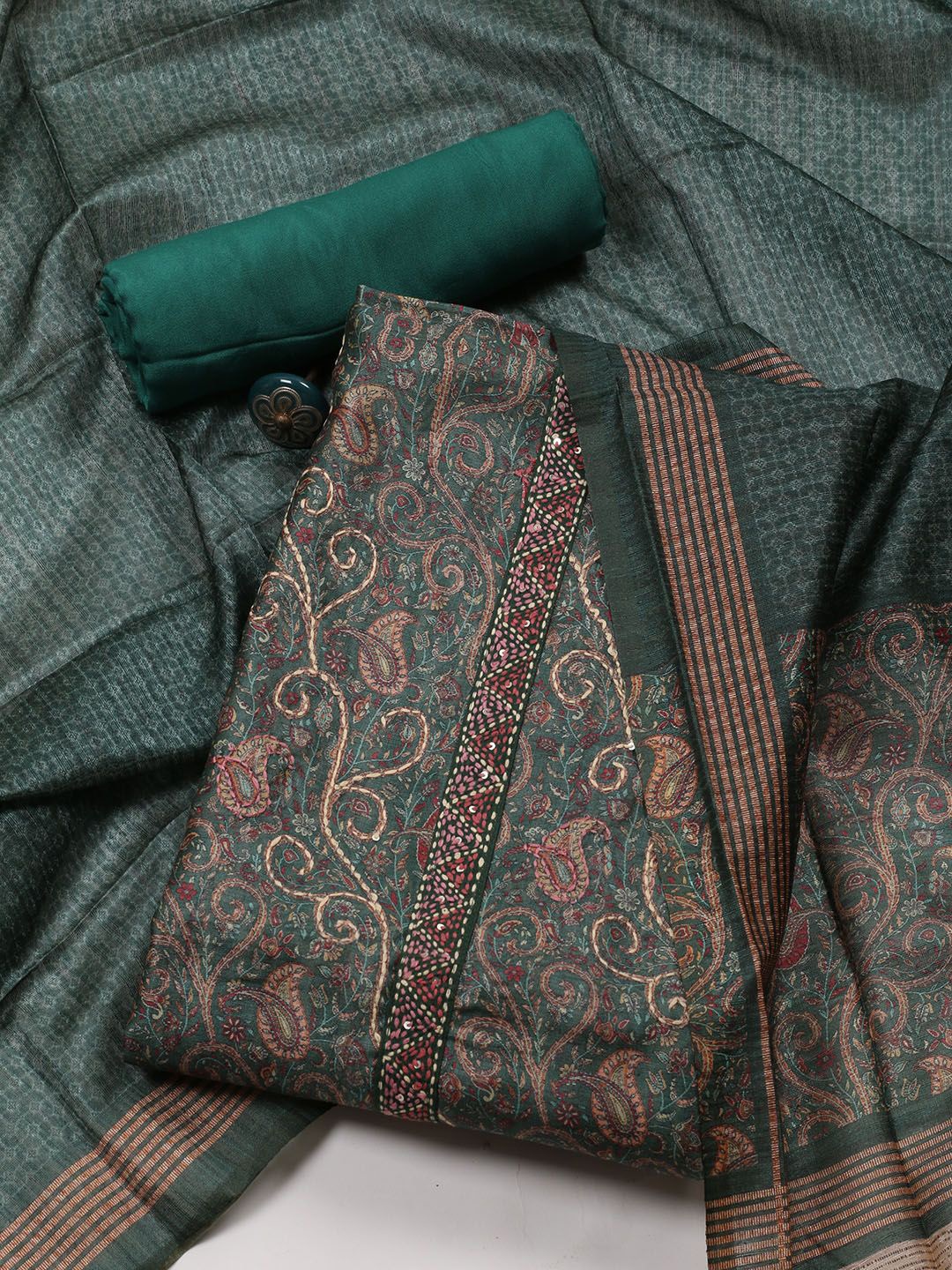 

Meena Bazaar Printed Art Silk Unstitched Dress Material, Green