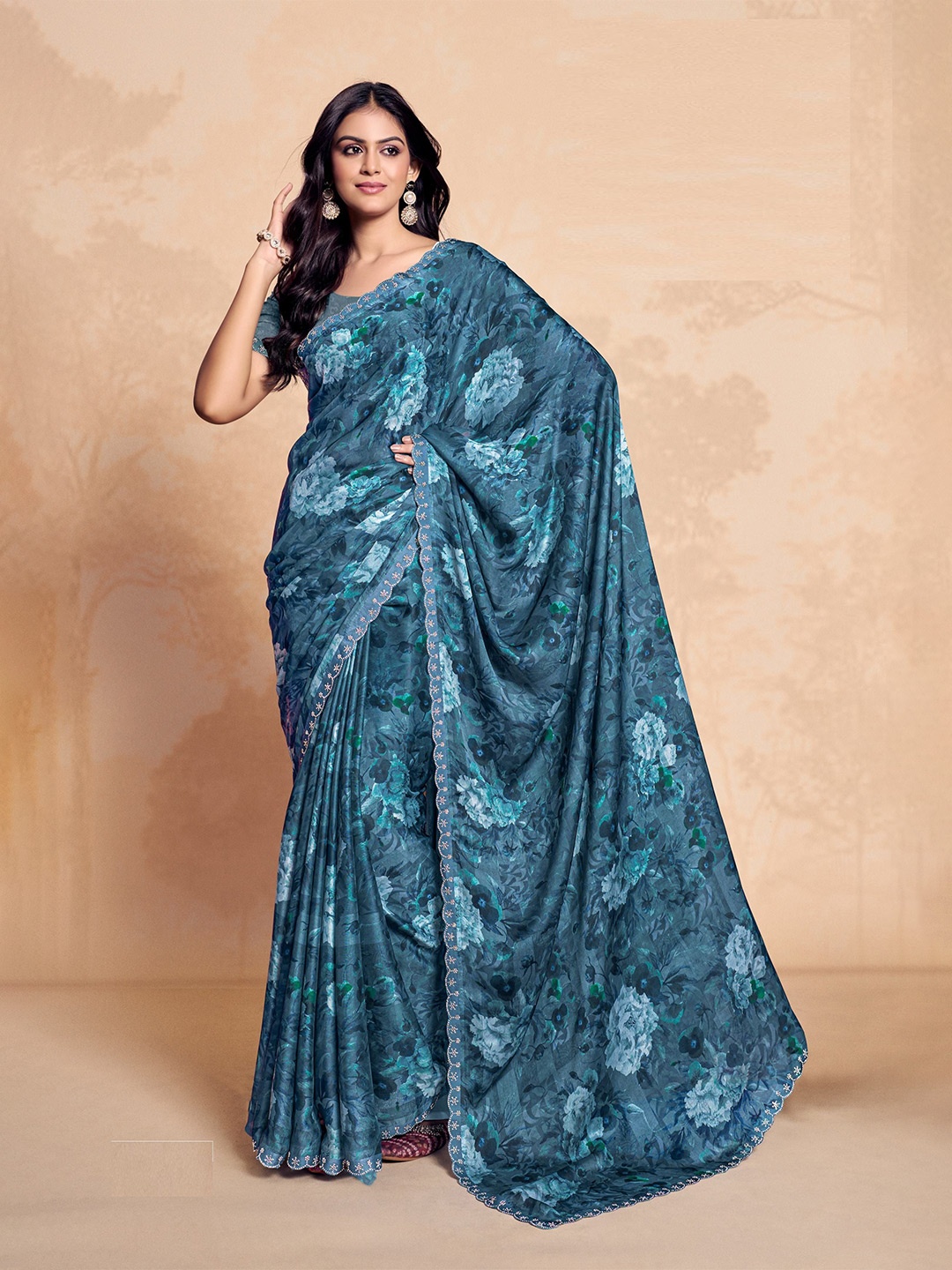 

MAHALASA Beads and Stones Floral Printed Satin Saree, Blue