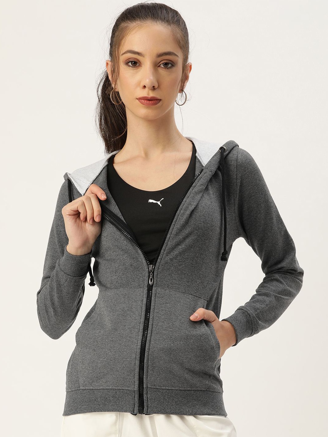 

ARISE Women Cotton Hooded Long Sleeves Front-Open Sweatshirt, Grey melange