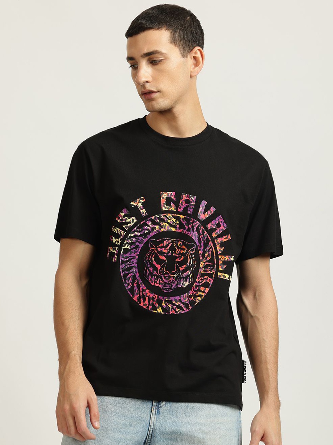 

Just Cavalli Men Typography Printed Round Neck Cotton T-shirt, Black